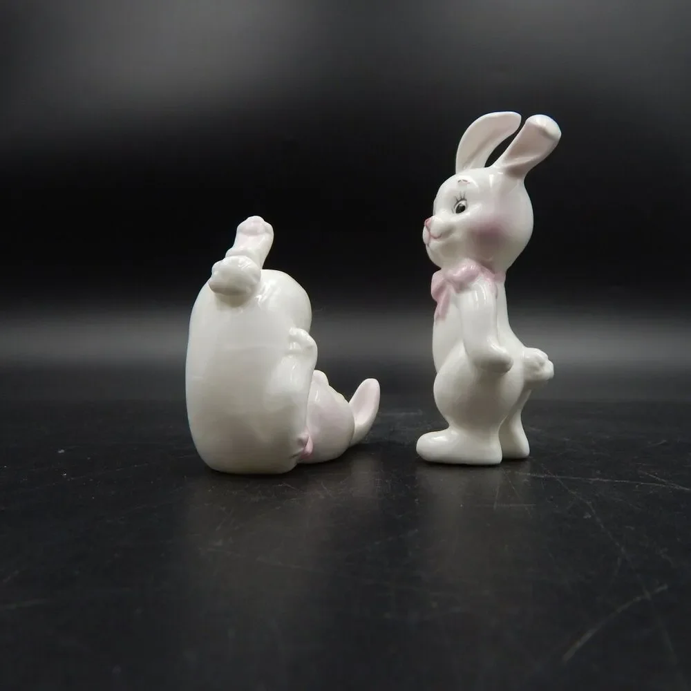 Bone China Tumbling Bunnies Rabbit Figurines 3.5 Inch White Pink Bow Taiwan
